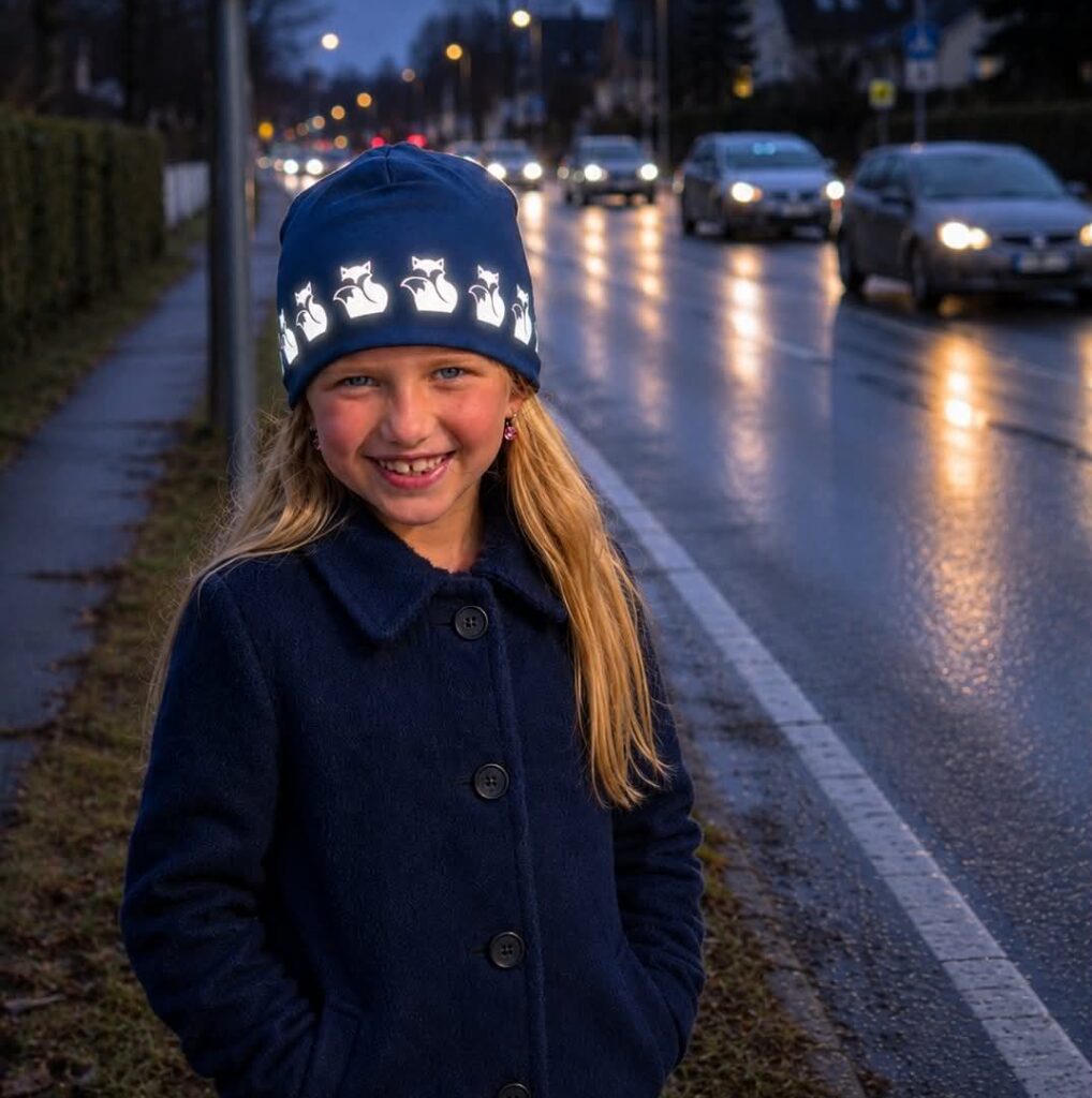 Reflexmössa till barn för höst och vår- räv - smart in the dark