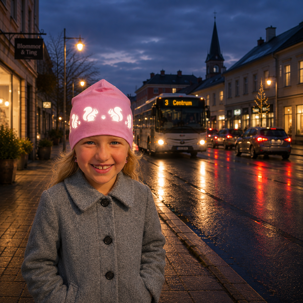 varm barnmössa med reflex i mönster av ekorre