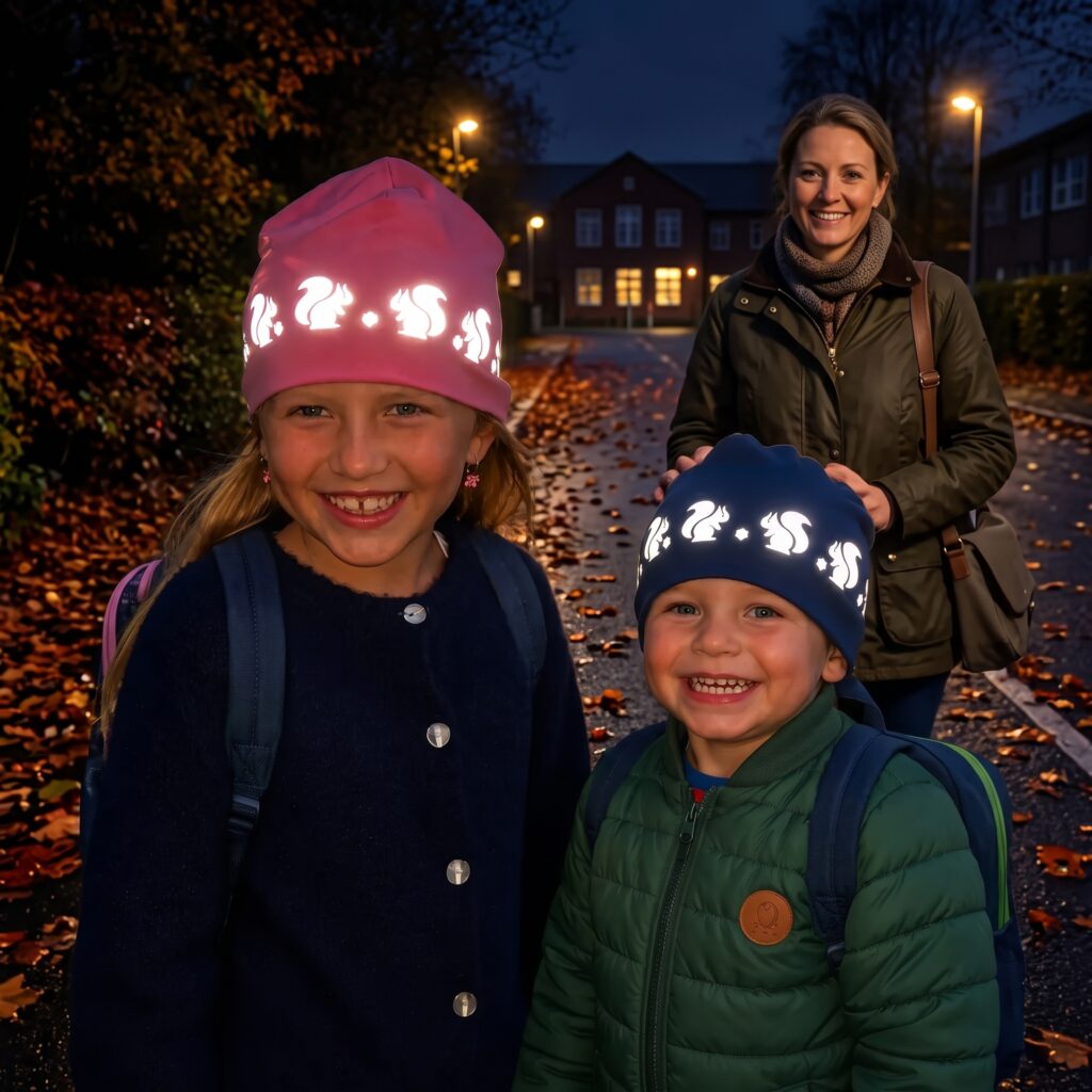 Barn i trafiken på väg till skolan i höstmörker – reflexmössa barn från Smart in the dark