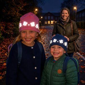 Barn i trafiken på väg till skolan i höstmörker – reflexmössa barn från Smart in the dark