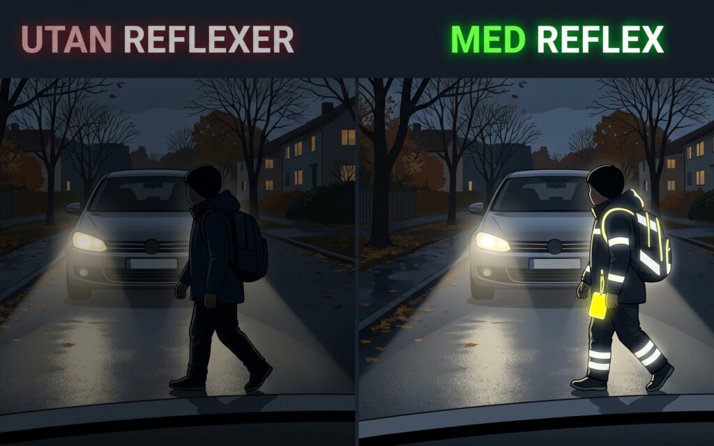 Jämförelse som visar ett barn i mörker framför en bil: osynlig utan reflexer kontra tydligt synlig med reflexer.